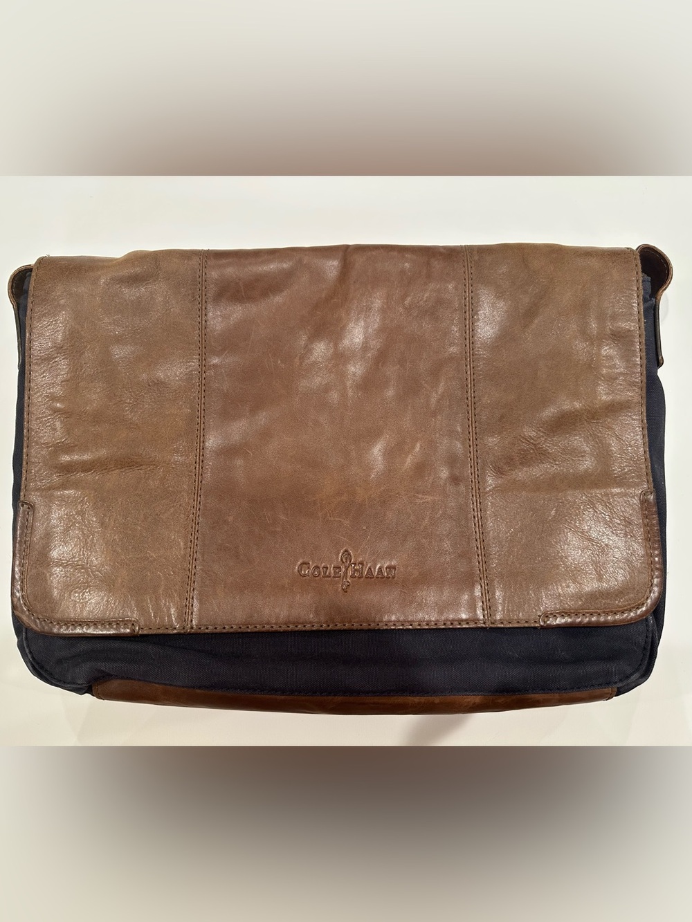 Cole Haan Brown and blue Leather-Trim Messenger Bag